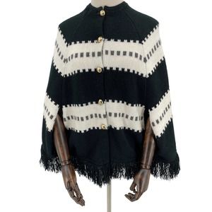 Vintage 70s Black and White Poncho Fringed Button Front Boho Sturbridge S M